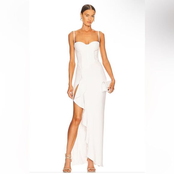 Katie May Eros Gown Revolve Ivory white maxi dress ruffle high slit XS - Picture 1 of 11